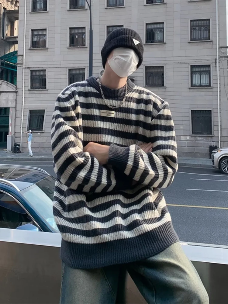 

Мужской вязаный свитер Color Blo, осенне-зимний, винтажный, с круглым вырезом, свободного кроя, повседневный, с длинными рукавами, трикотажный