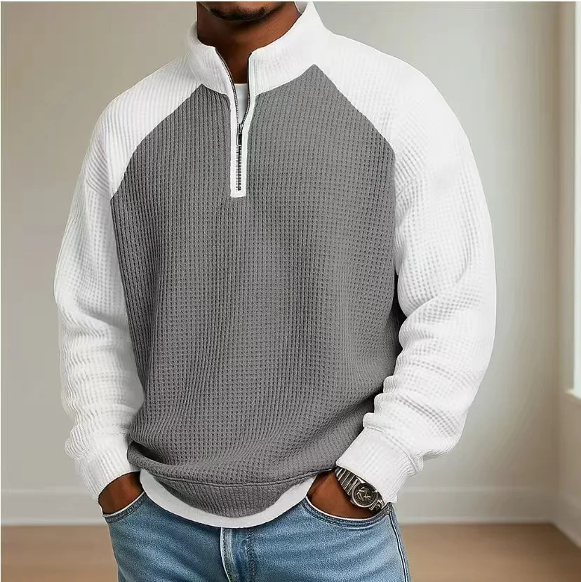 Novas Camisetas de Moletom Masculinas de Primavera, Camiseta de Manga Longa Waffle, Camisetas Casuais Masculinas Soltas com Zíper e Gola Polo, Blusas 