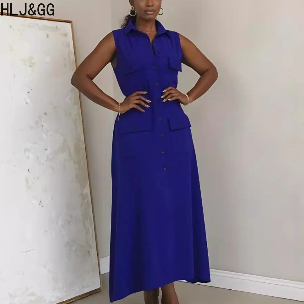 

HLJ&GG Blue Elegant Shirt Long Dresses 2024 Women Turndown Collar Button Sleeveless Office Lady Vestidos Female Solid OL Clothes