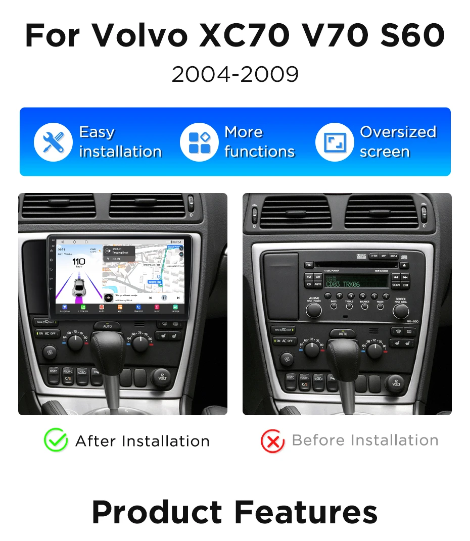 Junsun Kabelloses CarPlay Apple Android Auto Autoradio für Volvo XC70 V70 S60 2004-2014 GPS Auto-Multimedia 2 Din Radio 360-Grad-Kamera Eingebaute Cloud ESIM 4G – Detail 7