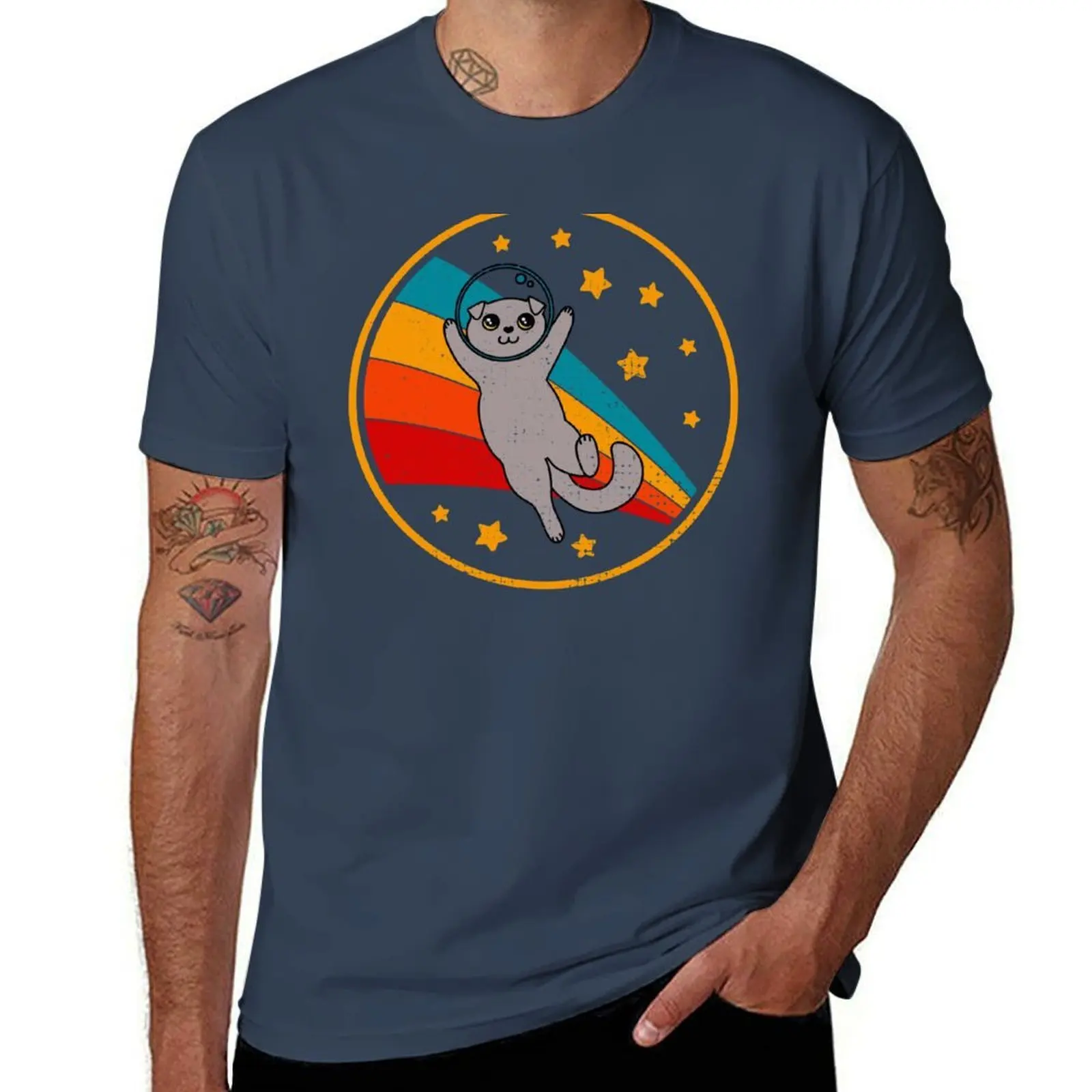 

Scottish Vintage Cat Cute Retro Fold Cat Space T-Shirt All Match Print Short Sleeve Top