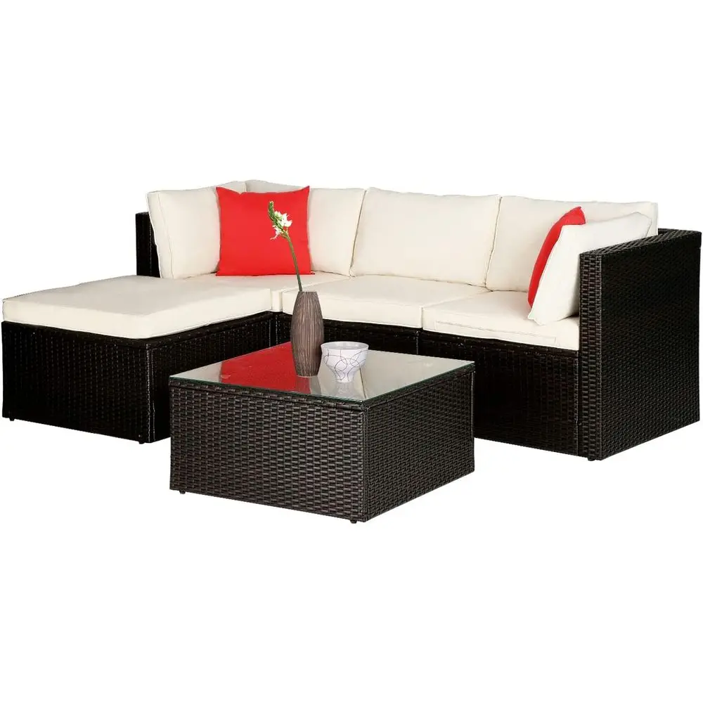 

Outdoor Patio Furniture Set: 5-Piece Wicker Sectional Sofa with Solar, 2 Red Pillows, 2 Chairs, Ottoman, Glass Table & Khaki Cus