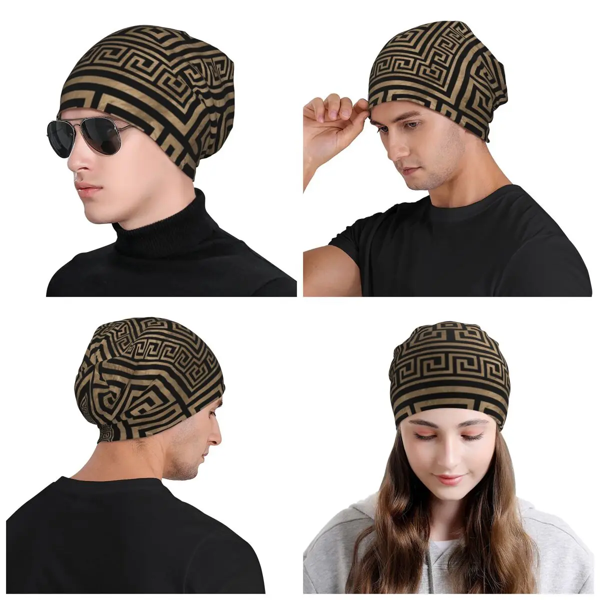 Custom Greek Key Ornament Bonnet Hat Knitted Hats Men Women Hip Hop Unisex Greek Meander Winter Warm Beanies Cap