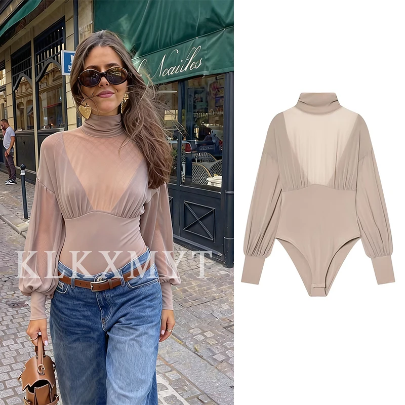 女性用半透明ボディスーツ 2025年夏秋新作 レディースファッション 長袖セクシーなジャンプスーツ 女性用レジャーボディスーツ