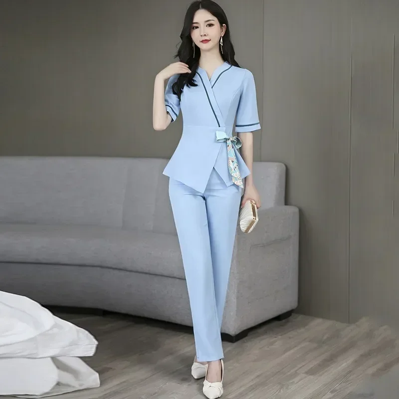 Beauty Salon Estheticienne Spa Uniform Massage Work Clothes Foot Therapist Work Gowns for Women Blue Beautician Uniform Suit