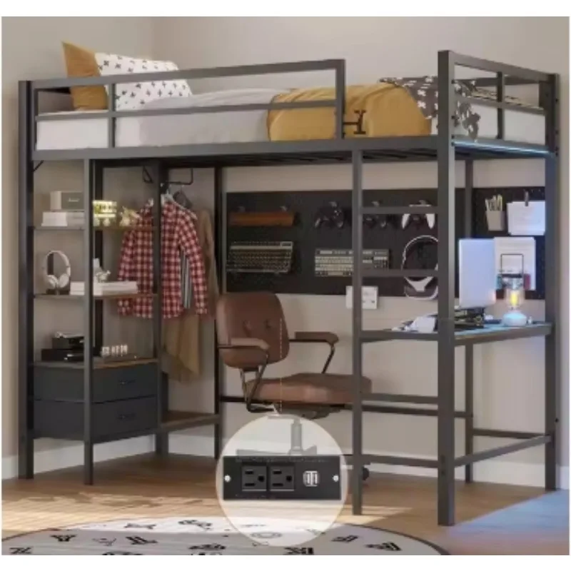 Indoor Nordic Minimalist Twin Size Loft Bed With Led Lights And U Shaped Desk, With Shelves And Charging Station
