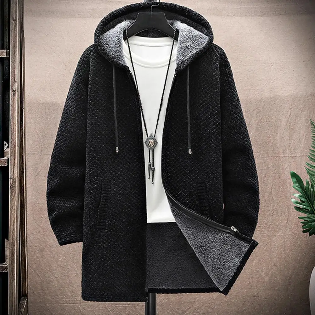 Autumn Winter Men Hooded Knit Sweatercoat Thicken Long Sleeve Drawstring Cardigan Outwear Knitting Jacket Mens Coat Streetwear