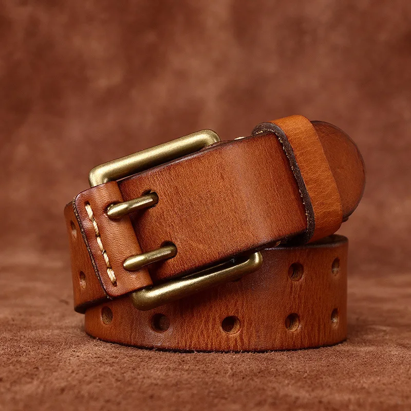 

Men's leather belt double pin buckle top layer cowhide retro youth copper buckle