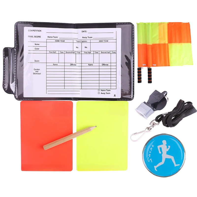 Football referee card game, referee patrol flag, red and yellow card with pencil, football warning card and edge picker