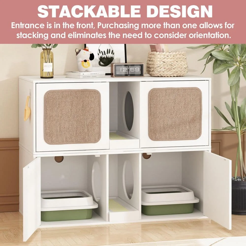 حاوية صندوق القمامة مع بابين من السيزال، صندوق فضلات القطط الخشبي المخفي، خزانة تخزين الحمام، طاولة نهاية المقعد