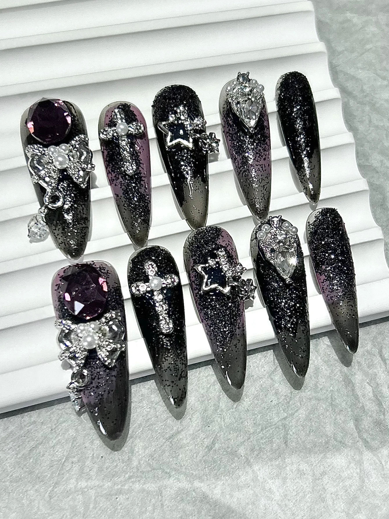 10 pièces de luxe dégradé épices filles noir violet à la main presse sur les ongles arc étoile croix diamant faux ongles amovibles réutilisables