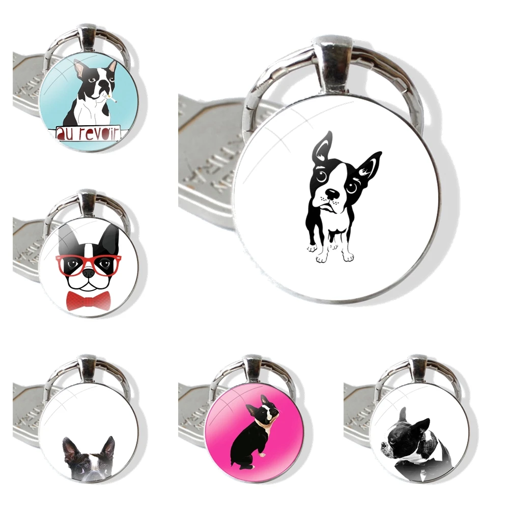 Boston Terrier dog puppies Cute Keychain Glass Cabochon Metal Pendant Classic Men's Women's Keyring