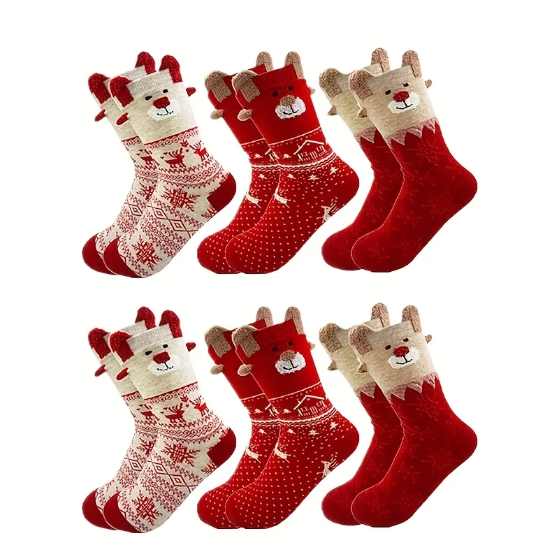 2026New3 Pairs random style of Women's Socks - Multi-Color Cartoon Reindeer Design - 3D Fleece Texture-Christmas Soft