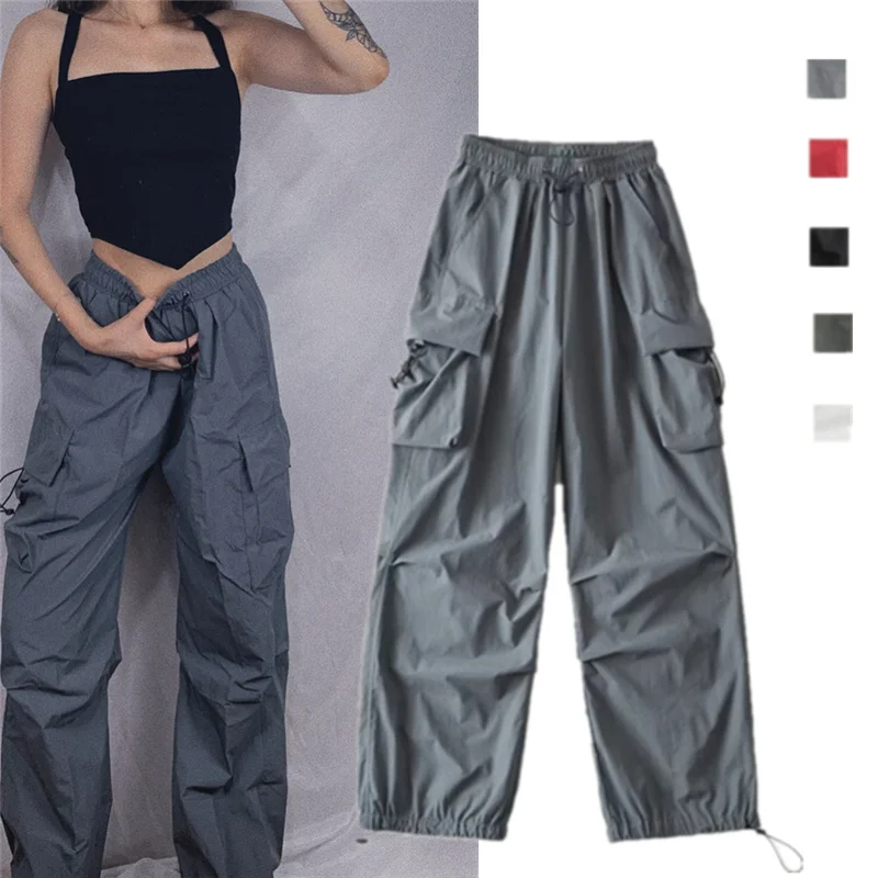 

Women Casual Cargo Pant 2023 Harem Pants Fashion Punk Pockets Jogger Trousers Harajuku Drawstring Elastics High Waist Streetwear