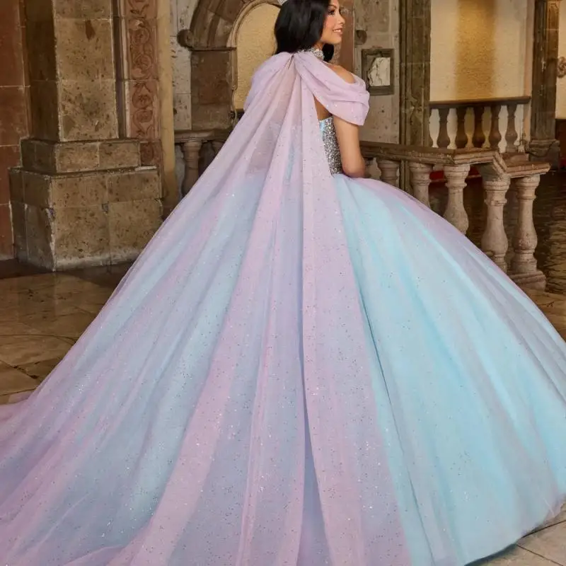 

Блестящее зеленое платье для Quinceanera, бальное платье с кружевной аппликацией, бисером, кристаллами и накидкой, милое платье для 16 лет, 15 лет