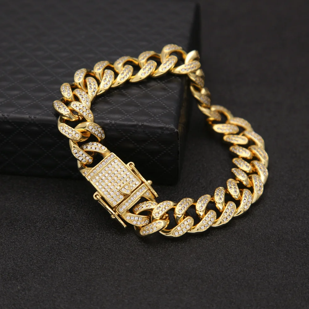 

Luxury 24K 9999 Pure Gold real gold Hip Hop Bracelet Men's Punk 13mm Full Diamond Cuban Bracelet