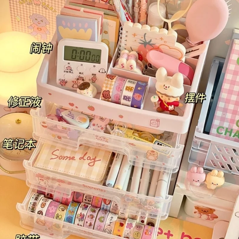 Ins Transparent Drawer Storage Box Pink Cosmetic Finishing Makeup Box Dormitory Kawaii Shelf Cute Girl Heart Desktop Organizer