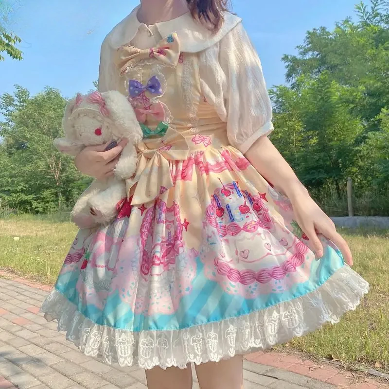 اليابانية Kawaii لينة جرلي الحلو لوليتا نمط فستان خمر ساحة طوق الكرتون كعكة مقوس دانتيل الحمالات JSK الأميرة 2025