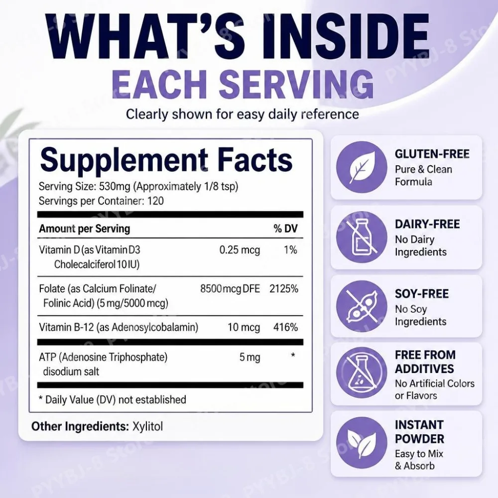 Folinic Acid Supplement High Dose Powder Gluten-Free Dairy-Free Soy-Free with Folate, Vitamin B12 and Vitamin D, 63g