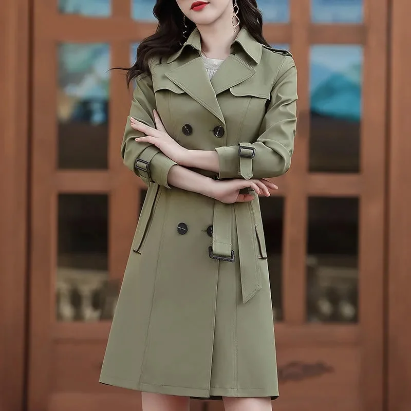 

2025 Spring and Autumn Windbreaker Women's Mid Length Slim Fit Versatile Fashion Women's New Casual Double Breasted Coat Female