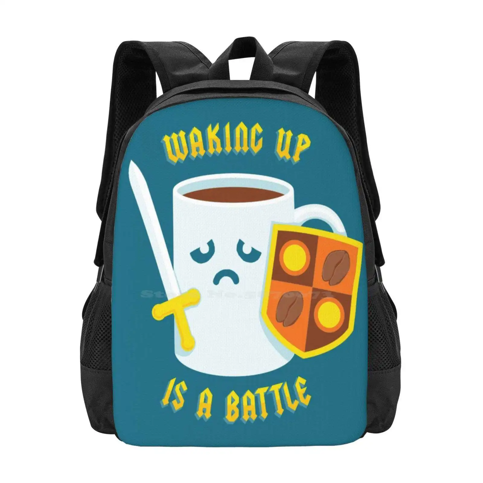 Morning Battle Backpacks For School Teenagers Girls Travel Bags Coffee Morning Wake Up Waking Up Night Owl Knight Sword Shield