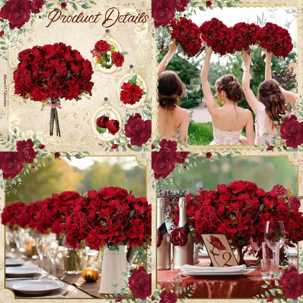 

12 Bundles Burgundy Artificial Flowers Bulk Christmas Red Flowers Fake Silk Roses Bouquets Realistic Florals Arrangements Decor