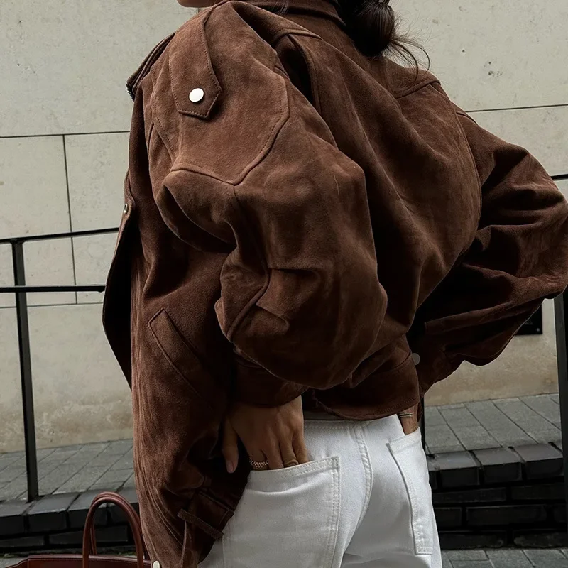 

Vintage Brown Lapel Irregular Short Loose Jacket Autumn Winter Streetwear European American Women Outerwear Fashion Tops ZT303