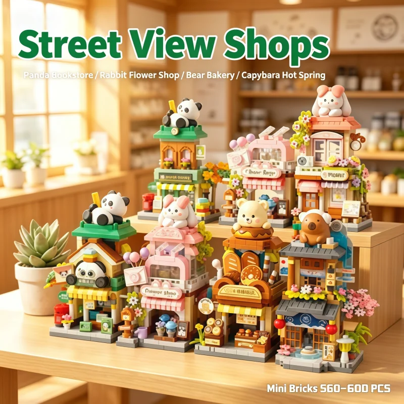 Micro-Particle Building Block Assembly Set Featuring Street View of Hot Spring Store, Bookstore, Bakery and Flower Shop Architec