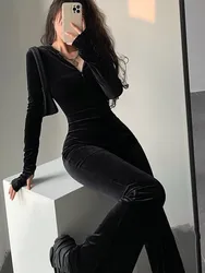 Y2k Sexy Bodycon Black Velvet Jumpsuit Women Fashion Hooded Zipper Flare Pants Rompers Vintage Autumn Streetwear Winter Outfits