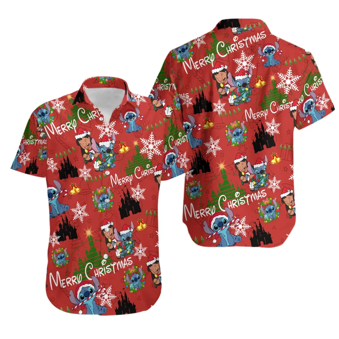 Disney Stitch Christmas Hawaiian Shirts Men's Women's Casual Beach Shirt Disney Hawaiian Shirt Kids Short Sleeve Button Up Shirt