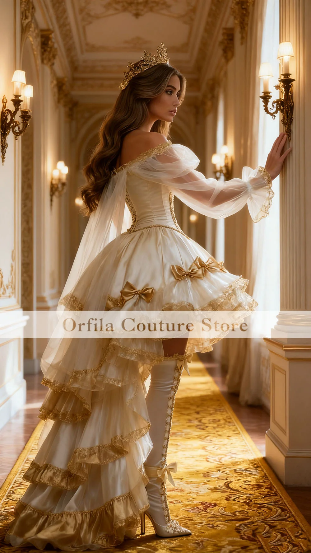 Champagne Fantasy High Low Prom Dress Bubble Sleeves Bow Poncho Birthday Party Customized فساتين سهره