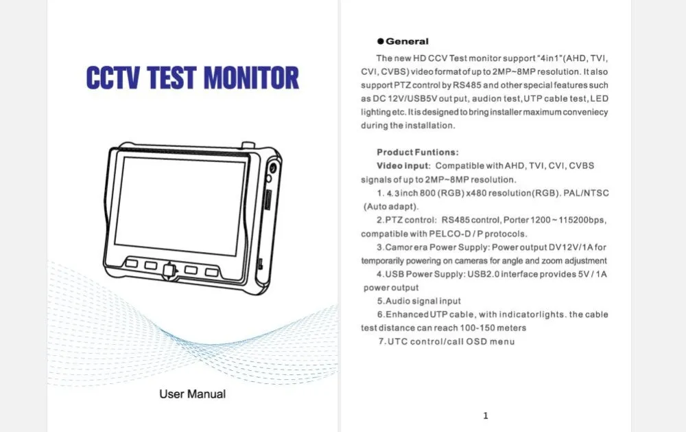4.3 Inch HD CCTV Tester Monitor CVBS AHD CVI TVI Camera Tester 8MP 5MP 2MP 720P UTP Cable Tester PTZ UTC 12V Output