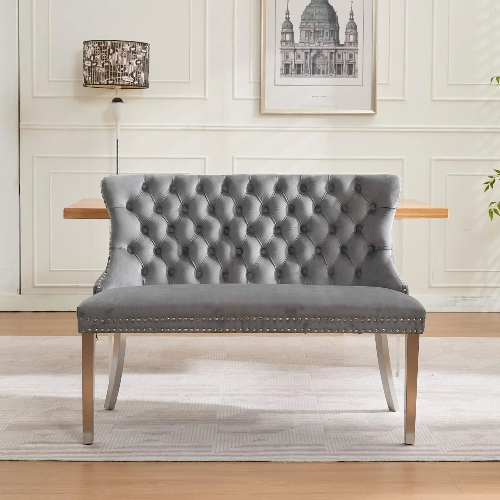 

Double Seat Tufted Velvet Dining Bench Gray Brushed Silver Stainless Steel Legs Mid Century Loveseat for Dining