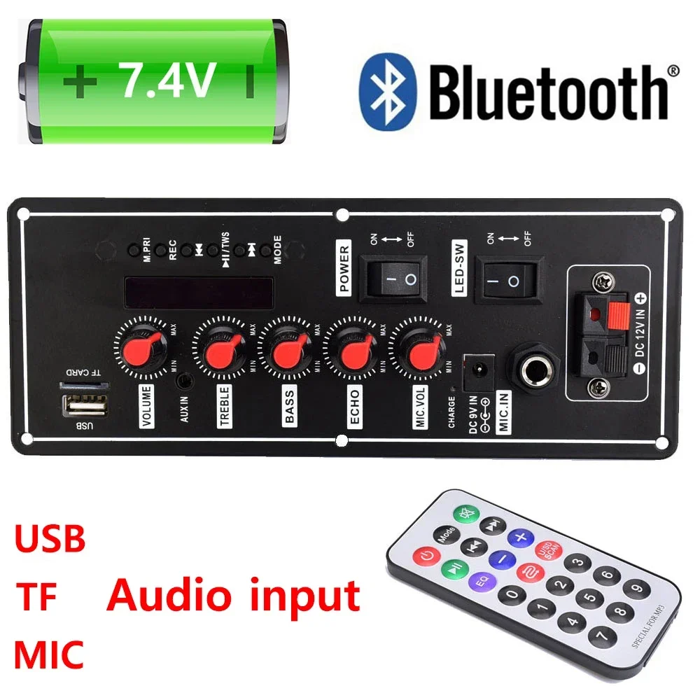 

Bluetooth Audio Amplifier Board MP3 Subwoofer Microphone Amp Module for 4 ohms 8 inch Speaker 7.4V Battery Powered DC 12V / 9V