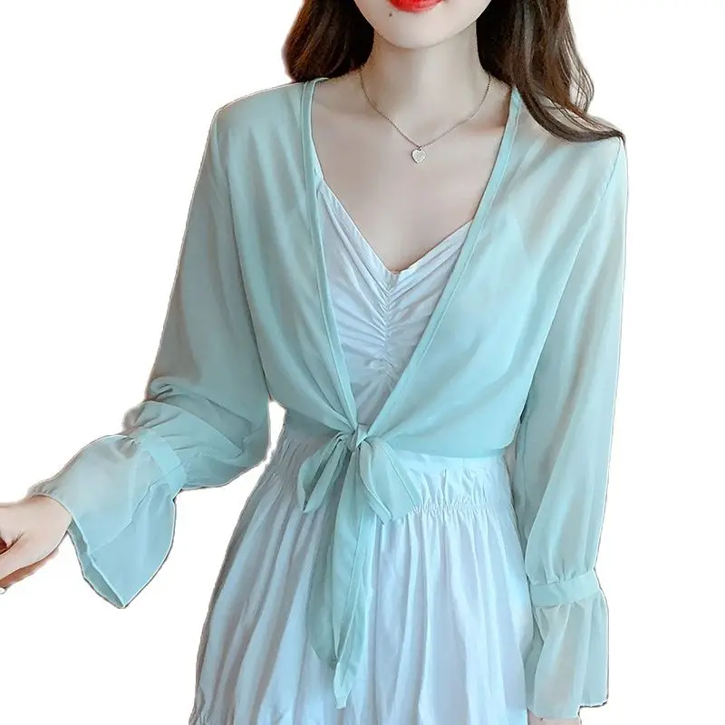 

2023 Spring and Summer Long Flare Sleeve Women Chiffon Shawl Prevented Bask Clothes Ultra-thin Outside Cape Open Stitch Blouses