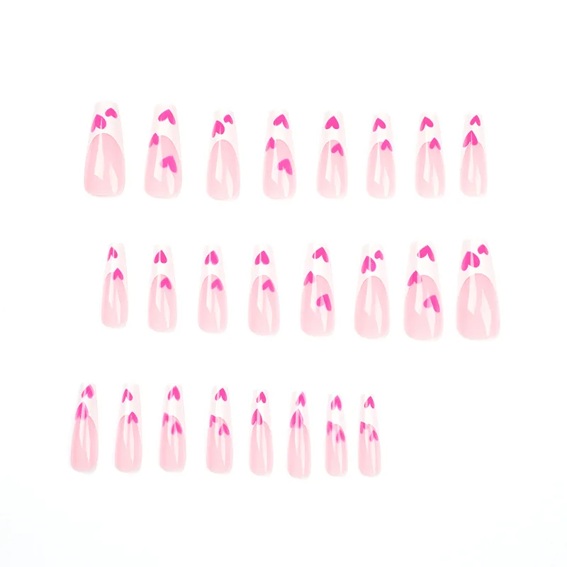 

.Miemie Design Extra Long 24-Piece ABS Coffin Pressed Artificial Nails Pink and White Heart-Shaped Pattern Reusable