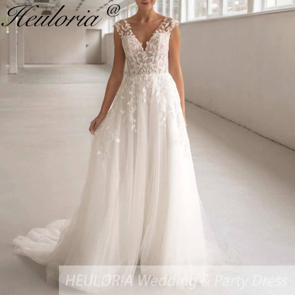 

HEULORIA Boho A line Wedding Dress V neck lace applique bride dress plus size robe de mariee A line Wedding Gown