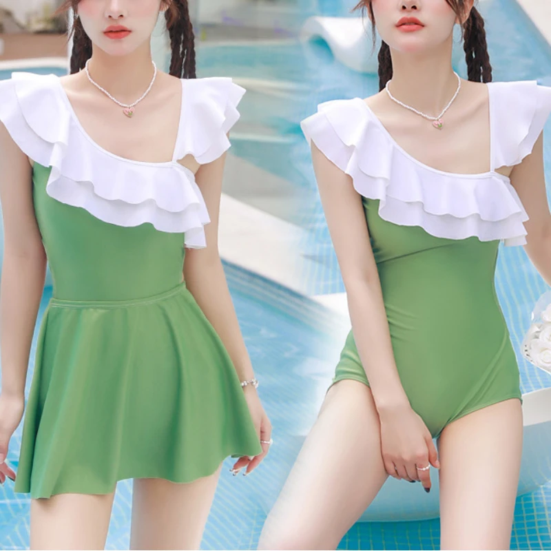 Women's Swimsuit New Style Ruffled Sweet Two-piece Skirt Removable Two-wear Student Hot Spring Swimsuit Купальник Женский