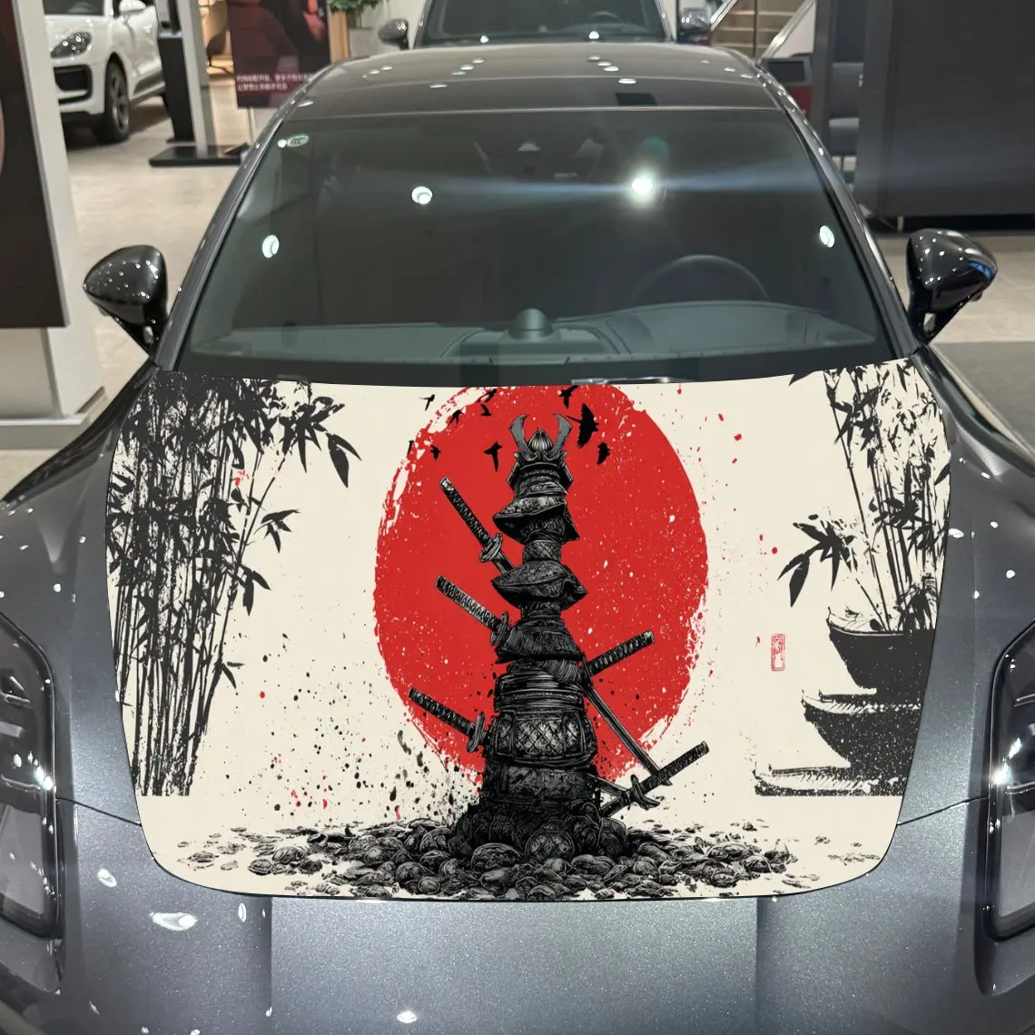 

Samurai Sword Pile Red Sun Japanese Art PVC Car Hood Wraps, Self-Adhesive Waterproof Car Bonnet Decal Sticker, Car Decoration Pr