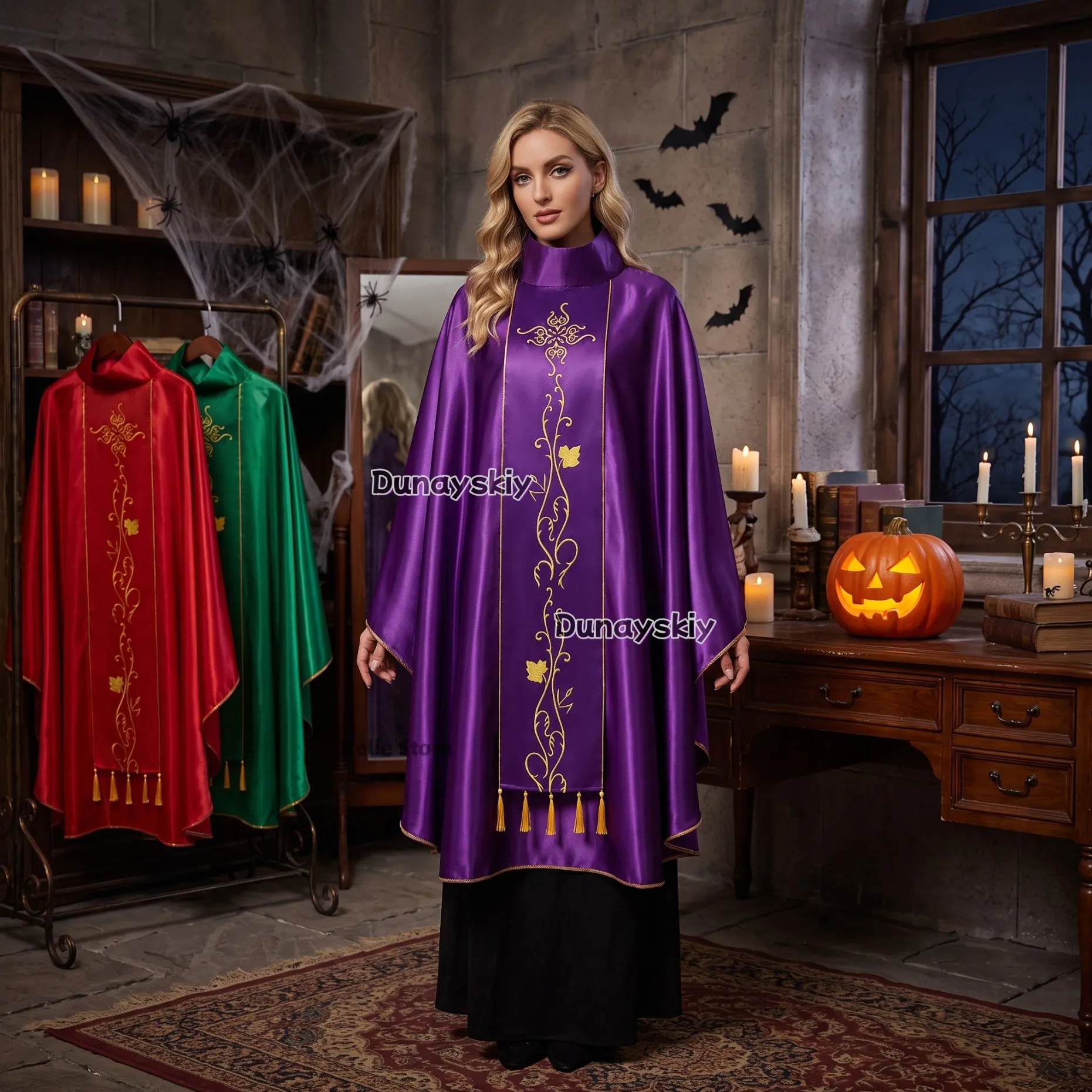 

Priest Celebrant Cosplay Costume Chasuble Catholic Church Father Mass Vestments Cloak With Tassel Clergy Robe For Men Halloween