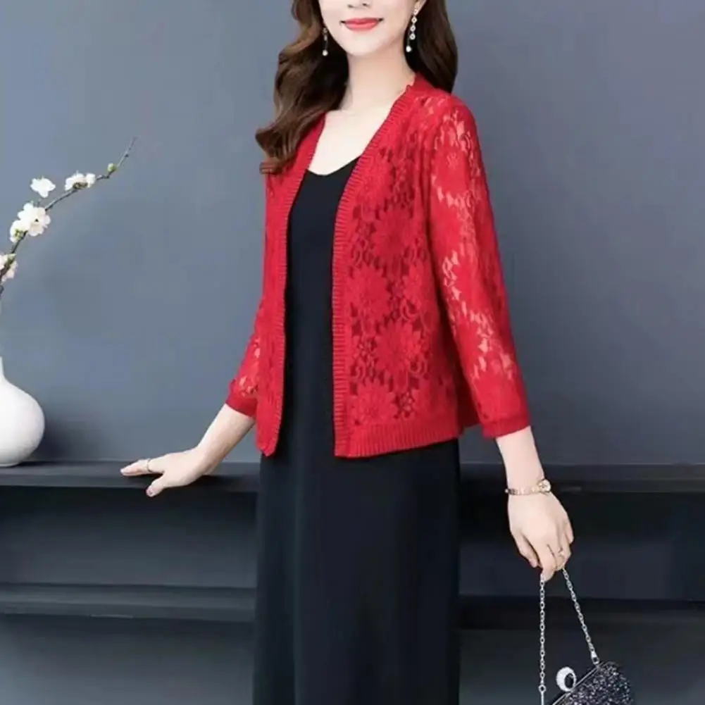 Top ligero de moda para mujer, cárdigan de encaje informal transpirable de Color sólido para cubrir, ropa de mujer
