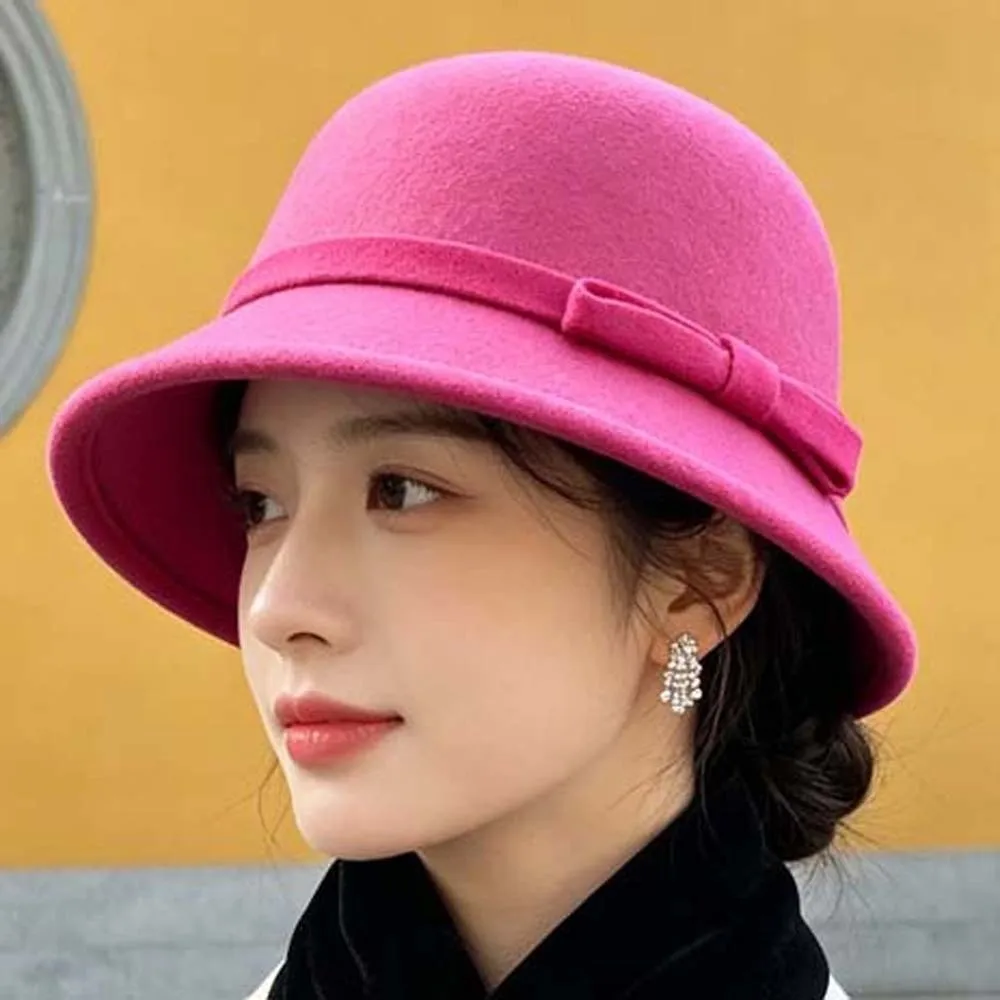 Korean Style Winter Woolen Hat Soft Felt Warm Fleece Retro Cloche Cap Chic Design Solid Color Elegant Bucket Hat Photoshoot
