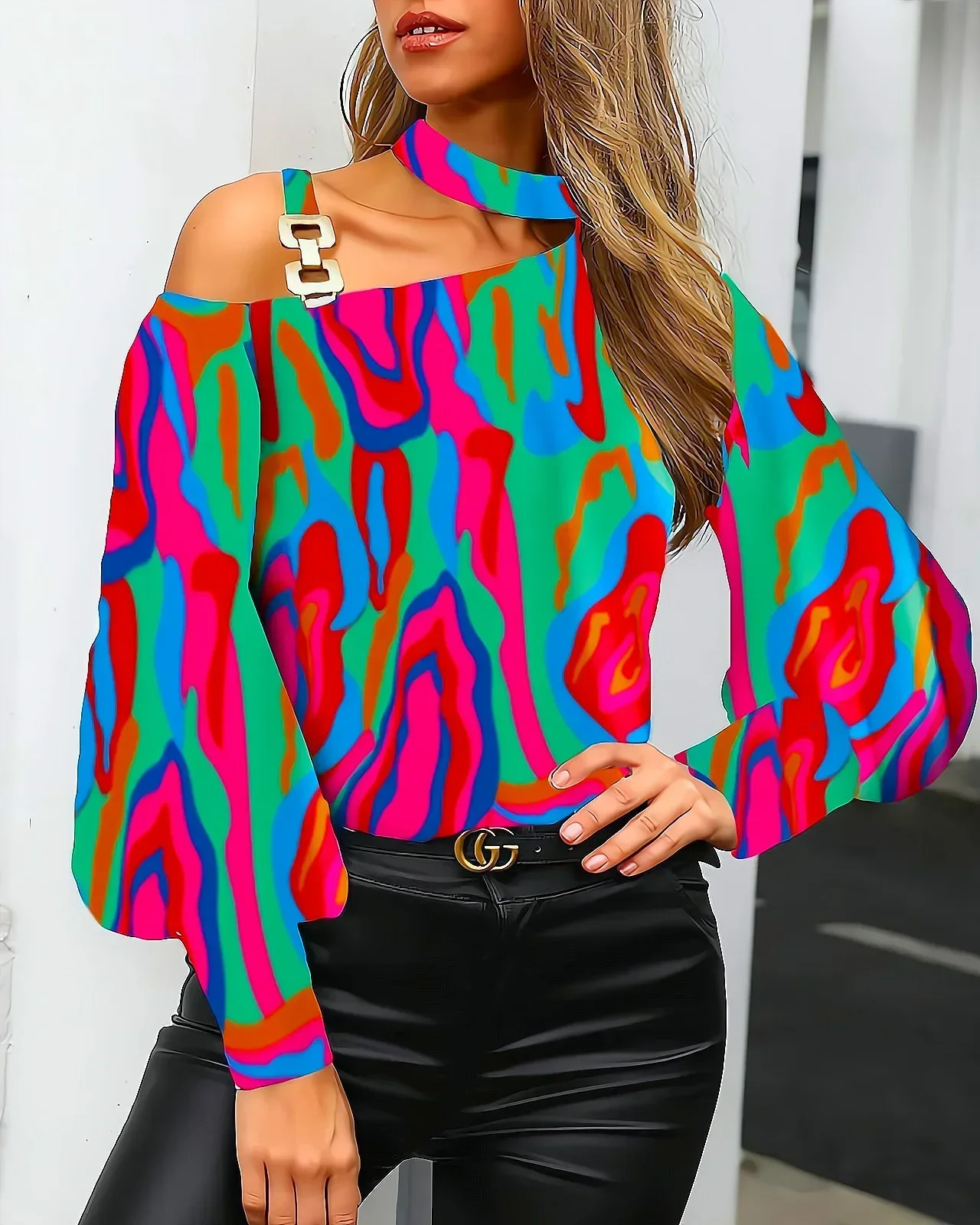 Women Halter Cold Shoulder Blouse Metal Buckle Decor Long Lantern Sleeve Allover Print Casual Tops