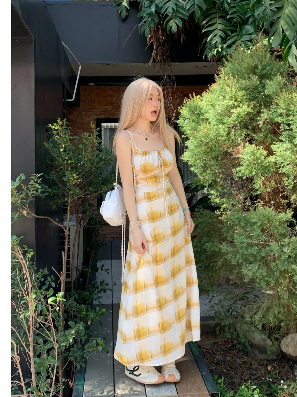 

plus Size Women's Sweet Sle Yellow Plaid Strapl A-Line Long Dr Slimming Waist Design Summer New Arrival Korean Sle