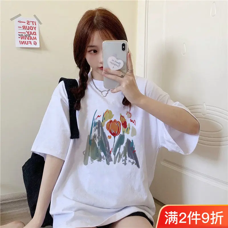 

2023 cotton short-sleeved summer new T-shirt women's loose slim top Joker