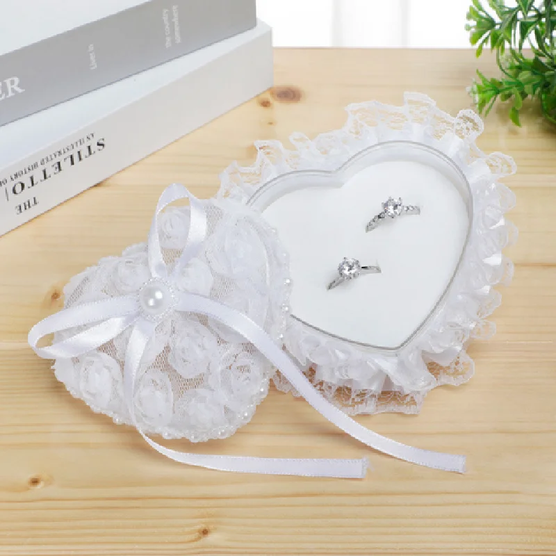 Ring Box Heart Wedding Lace Holder Pillow Ceremony Pillows Jewelry Bearer White Shape Boxes Pearl Rhinestone Case Love Proposal