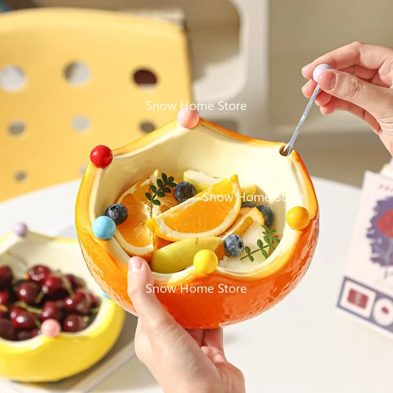 Good Luck Ceramic Orange Fruit Plate Fruit Fork Set Household Living Room Coffee Table Fruit Sign Dessert Fork Storage Bowl