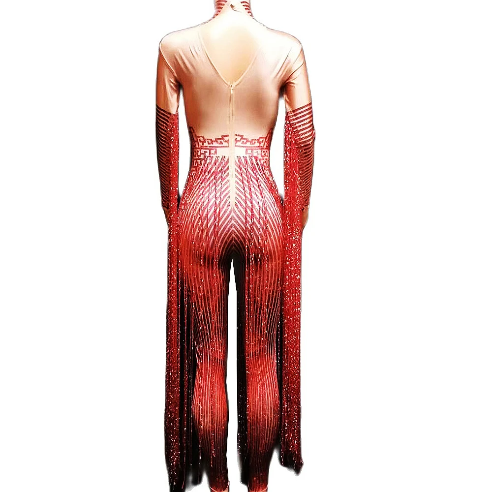 Women Red Shining Rhinestones Tassel Sexy Jumpsuits Party Bar Pole Dance Outfits