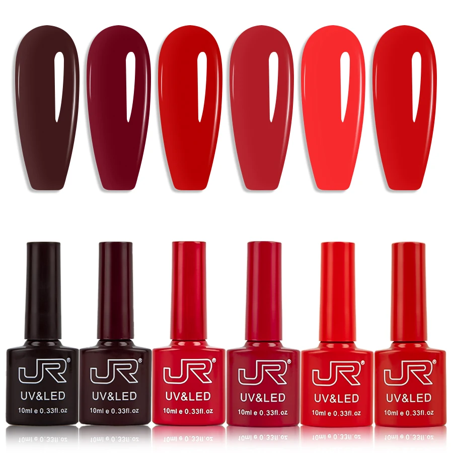 JR 6pcs 10ml gel nail polish set Including Red Pink Nude Gel Polish Kit UV LED Soak Off Polish Home DIY top coat base coat gifts