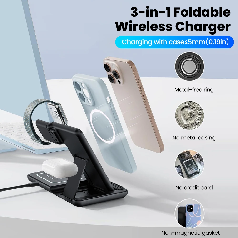 

Складная подставка для беспроводного зарядного устройства 3 в 1, ночная светодиодная подсветка, станция быстрой зарядки для зарядки телефона с функцией беспроводной зарядки